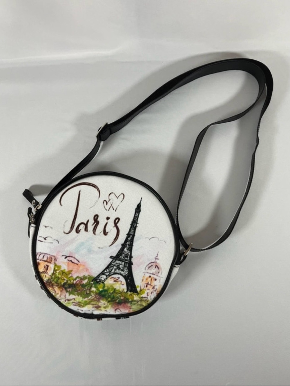 Round Paris Print Crossbody Bag in White and Black